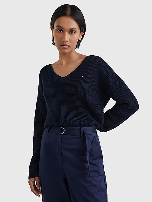 blau relaxed fit pullover mit kontrast-webung für damen - tommy hilfiger