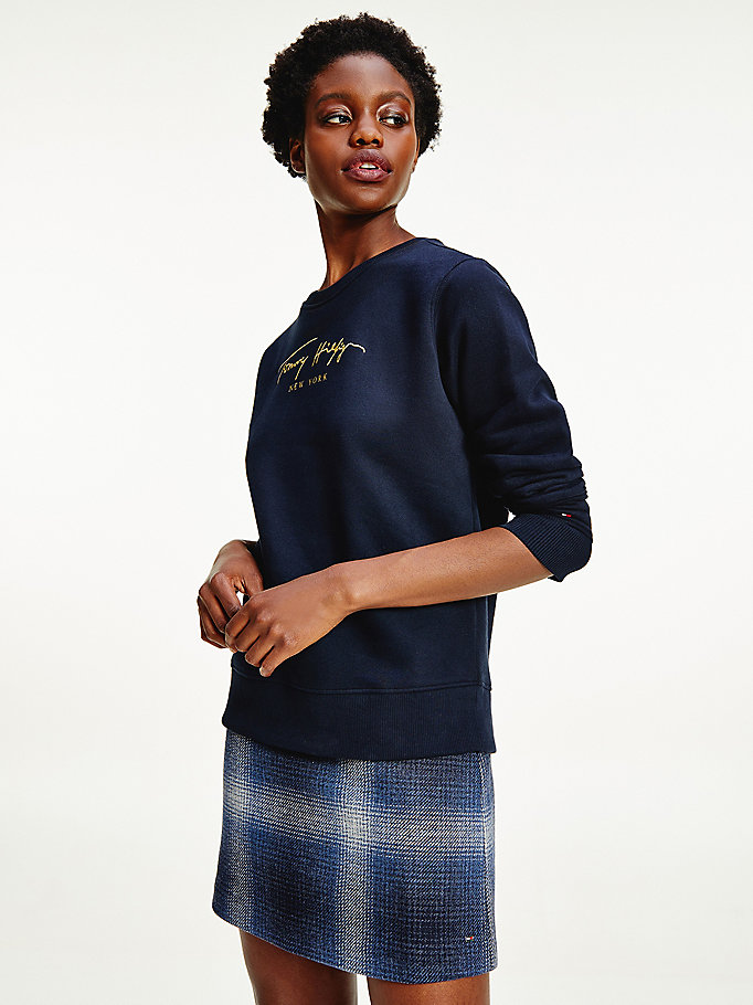 blue gold signature embroidery crew neck sweatshirt for women tommy hilfiger