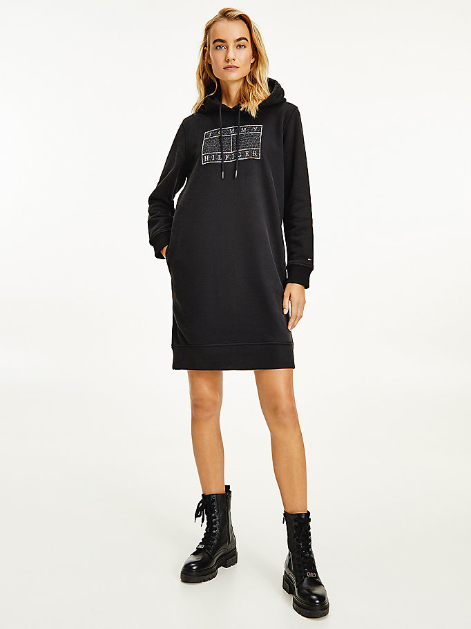black metallic logo hoody dress for women tommy hilfiger