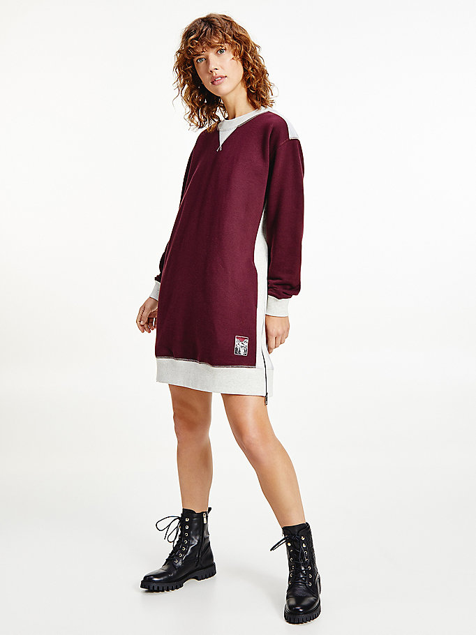 rood tommy icons colour-blocked sweaterjurk voor dames - tommy hilfiger