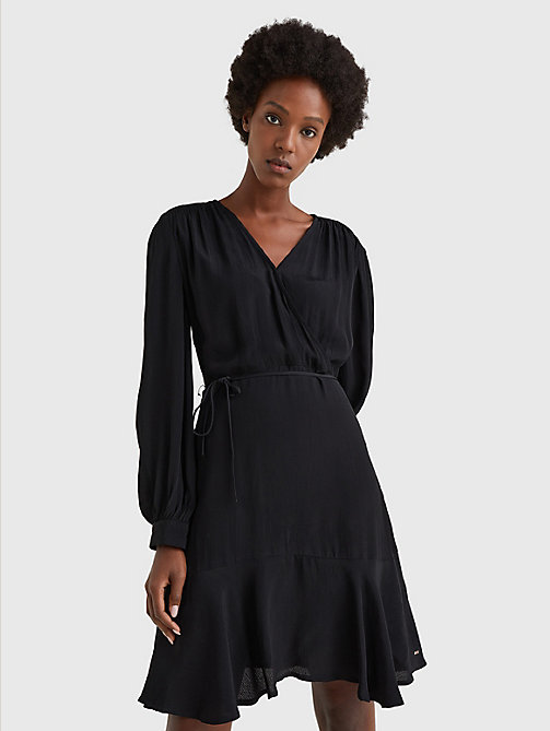 black floral wrap knee length dress for women tommy hilfiger