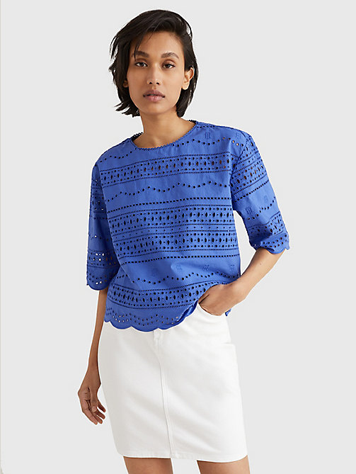 blauw relaxed fit blouse met broderie anglaise voor women - tommy hilfiger
