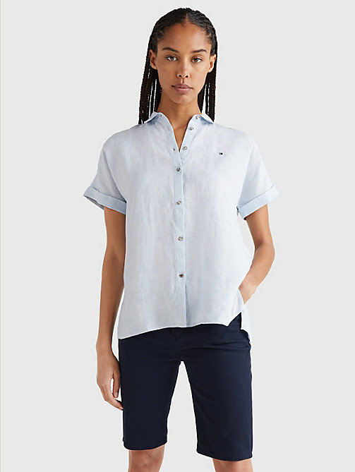 blue linen regular fit short sleeve shirt for women tommy hilfiger