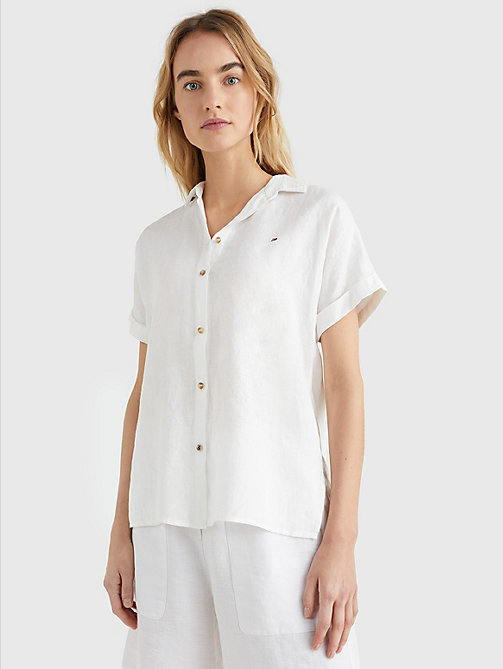 camisa de lino de manga corta blanco de mujer tommy hilfiger
