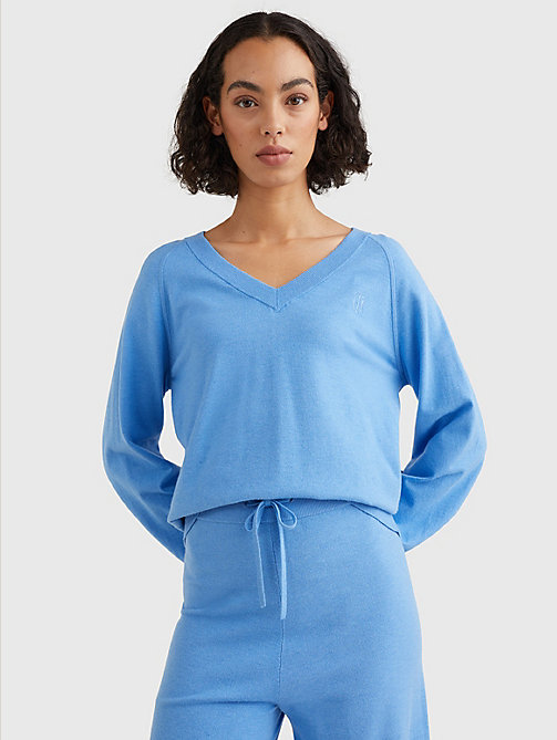 blue v-neck puff sleeve relaxed fit jumper for women tommy hilfiger