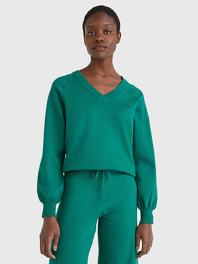 V-Neck Puff Sleeve Relaxed Fit Jumper | GREEN | Tommy Hilfiger