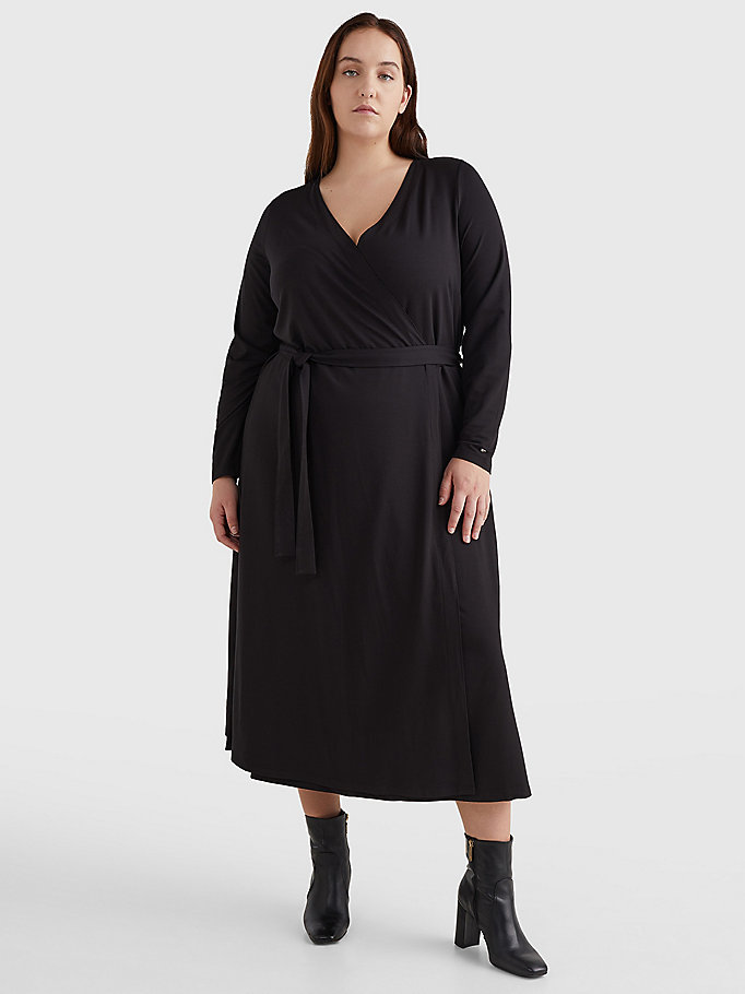 black curve long sleeve v-neck midi wrap dress for women tommy hilfiger