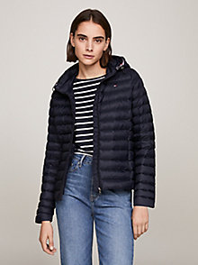 blue down-filled hooded zip-thru jacket for women tommy hilfiger