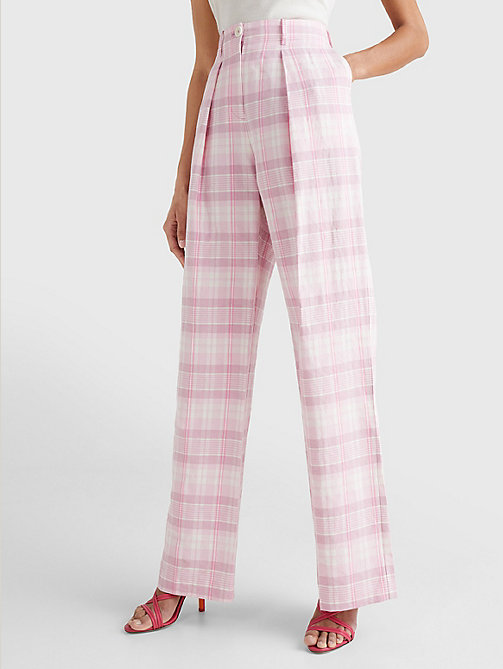 pink madras check trousers for women tommy hilfiger