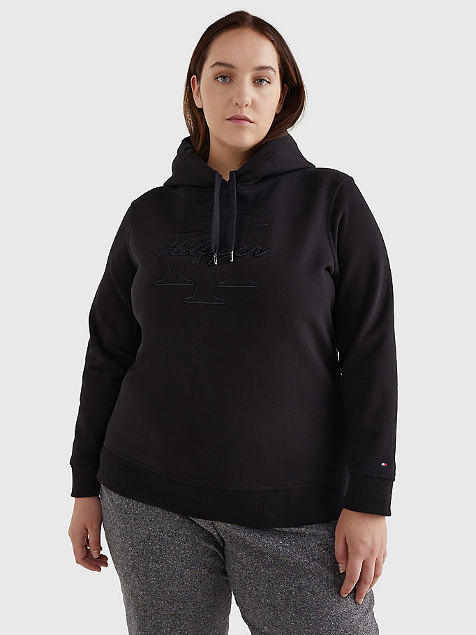 schwarz curve regular fit hoodie mit stickerei für damen - tommy hilfiger