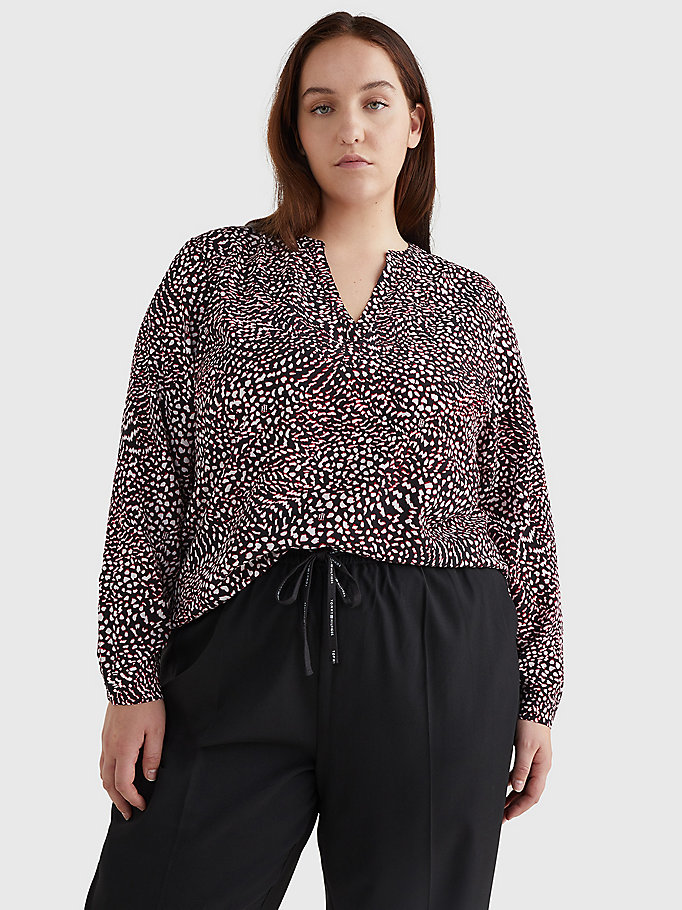 schwarz curve viskose-bluse mit feder-print für women - tommy hilfiger