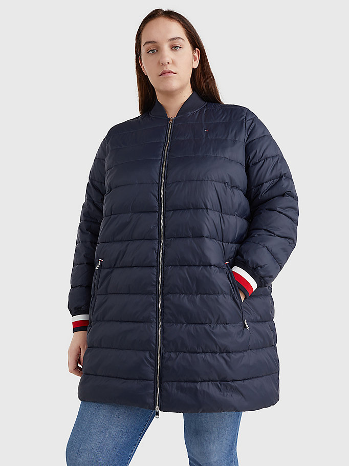 blue curve th protect filled long bomber coat for women tommy hilfiger