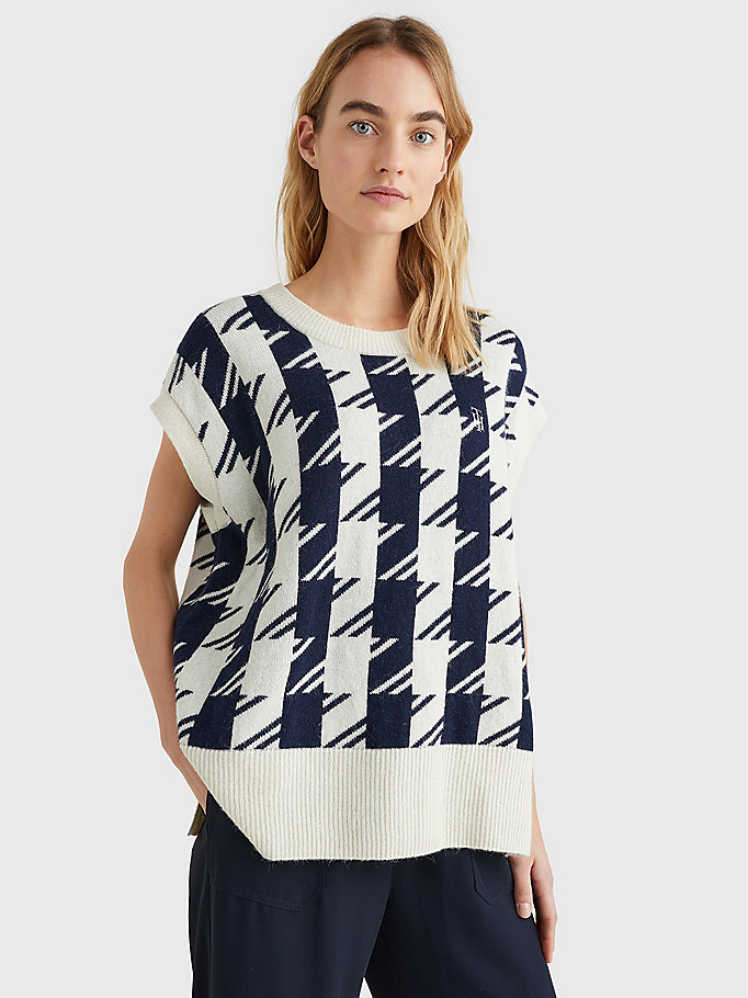 blue houndstooth relaxed crew neck vest for women tommy hilfiger