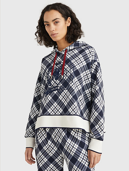 blue tommy icons relaxed check crest hoody for women tommy hilfiger