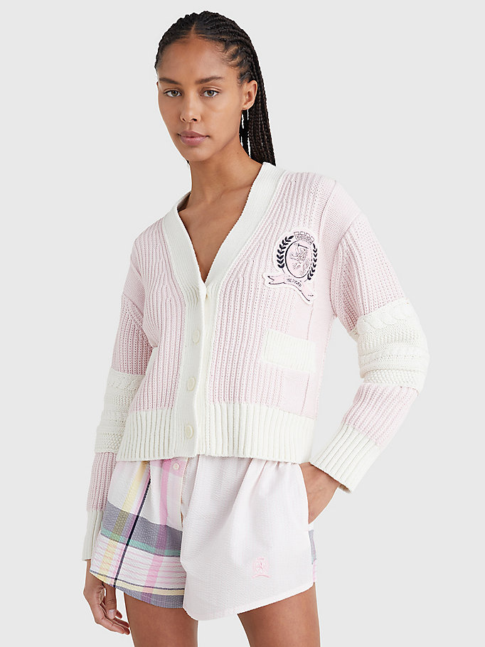 pink prep organic cotton crest cardigan for women tommy hilfiger