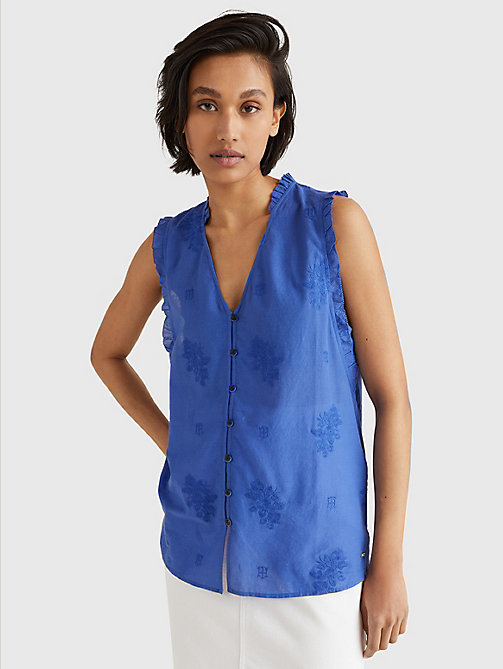 blau regular fit ärmellose bluse mit lochstickerei für damen - tommy hilfiger