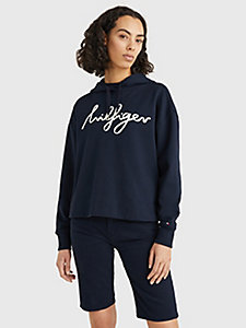 blue relaxed fit script logo hoody for women tommy hilfiger