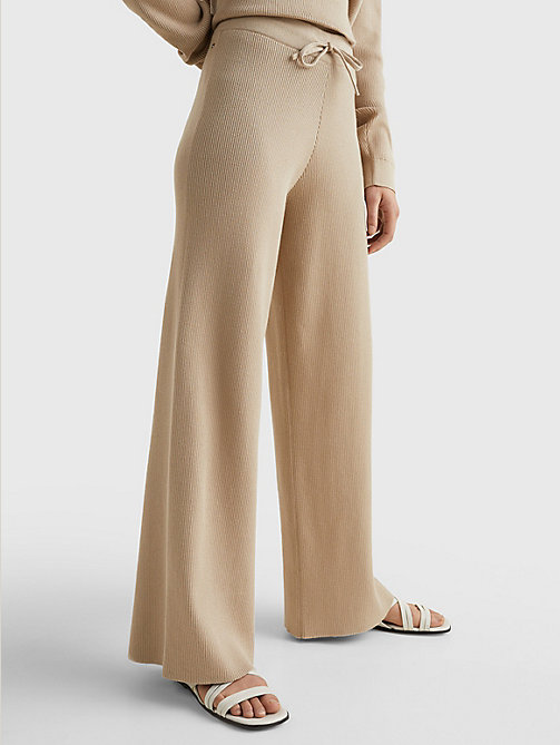 beige ribbed organic cotton wide leg trousers for women tommy hilfiger