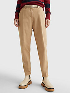 beige belted tapered fit trousers for women tommy hilfiger
