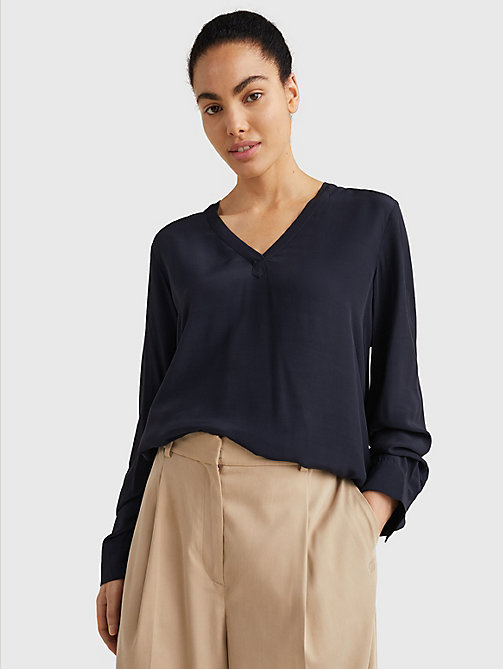 blue long sleeve v-neck relaxed fit blouse for women tommy hilfiger