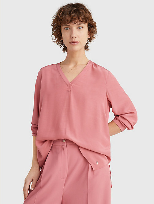 rosa relaxed fit langarm-bluse mit v-ausschnitt für damen - tommy hilfiger