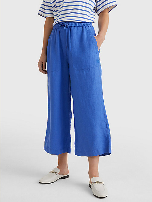 blue linen wide leg ankle-length trousers for women tommy hilfiger