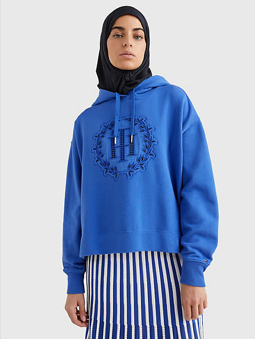 blau relaxed fit hoodie mit monogramm-applikation für damen - tommy hilfiger