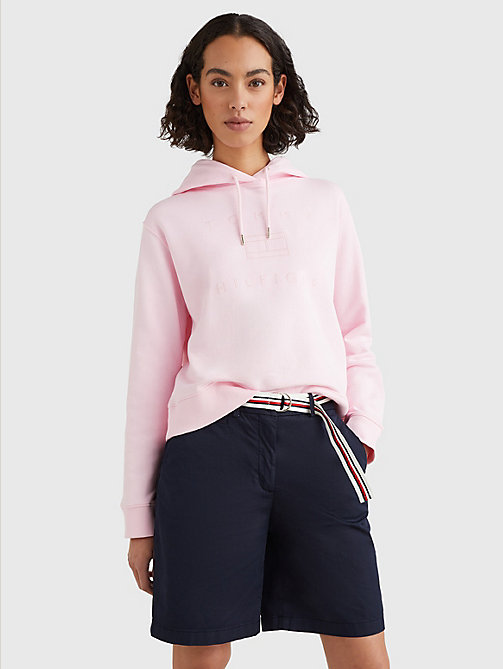 roze hoodie met geborduurd metallic logo voor dames - tommy hilfiger