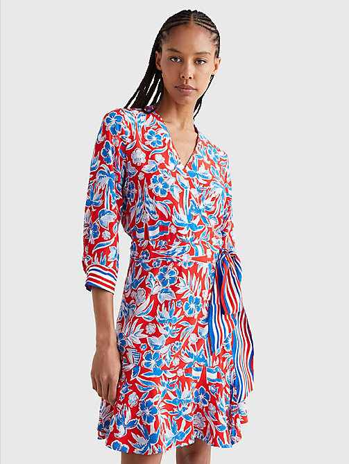 red scarf print knee length wrap dress for women tommy hilfiger