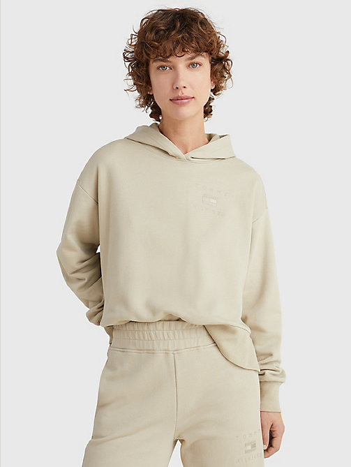 beige natural dye logo relaxed fit hoody for women tommy hilfiger