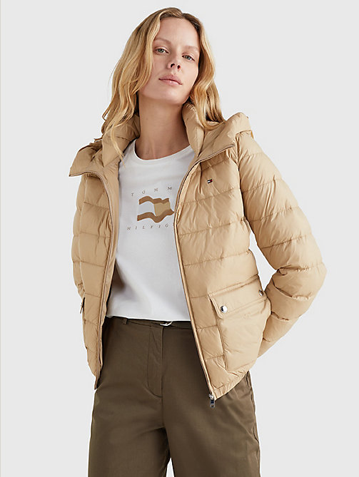 beige th protect hooded padded jacket for women tommy hilfiger