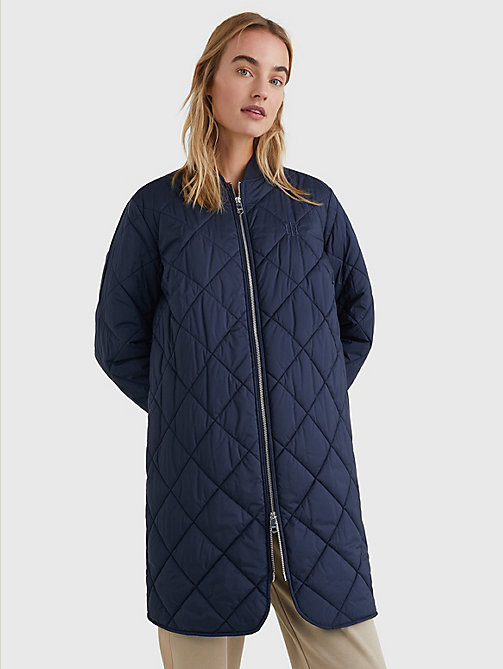 blue th protect longline quilted bomber coat for women tommy hilfiger