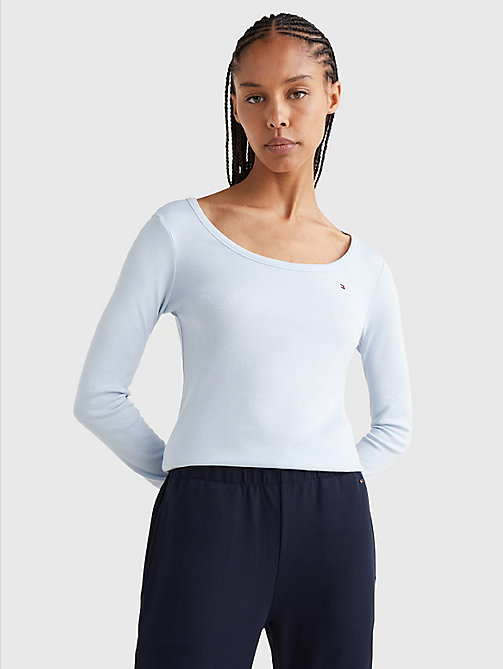 blue scoop neck long sleeve slim t-shirt for women tommy hilfiger