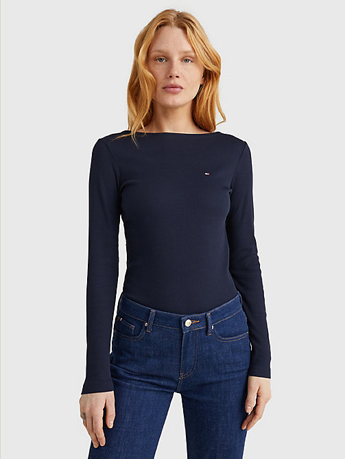 t-shirt slim fit in maglia a coste blu da women tommy hilfiger