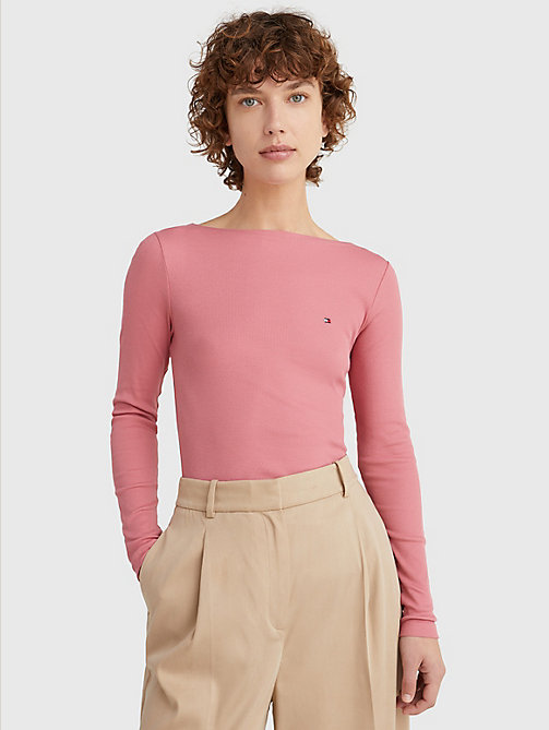 pink rib knit slim long sleeve t-shirt for women tommy hilfiger