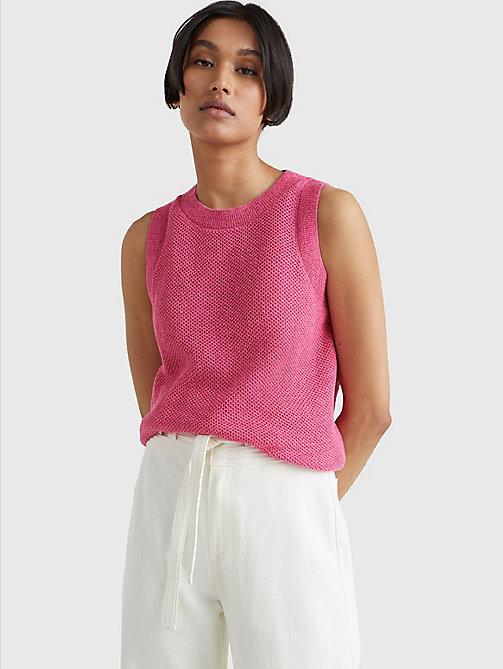 pink textured crew neck tank top for women tommy hilfiger