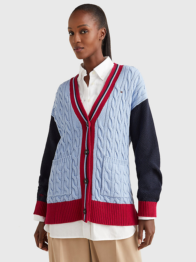 Mixed Knit V-Neck Relaxed Fit Cardigan | BLUE | Tommy Hilfiger