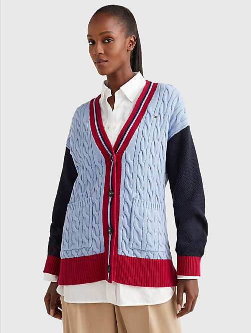 blue mixed knit v-neck relaxed fit cardigan for women tommy hilfiger