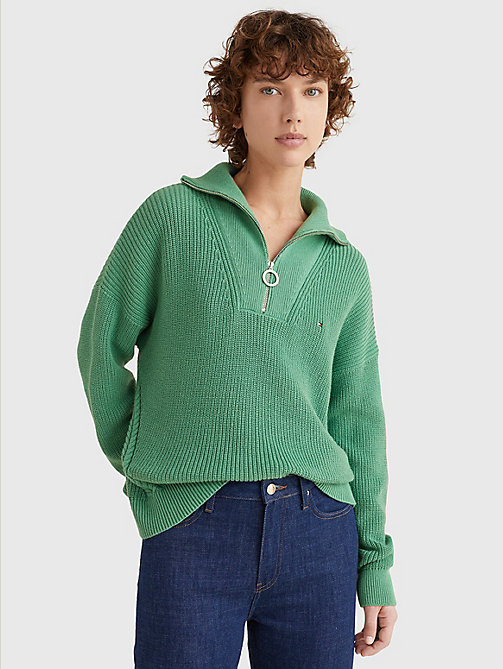 green rib knit half-zip relaxed jumper for women tommy hilfiger