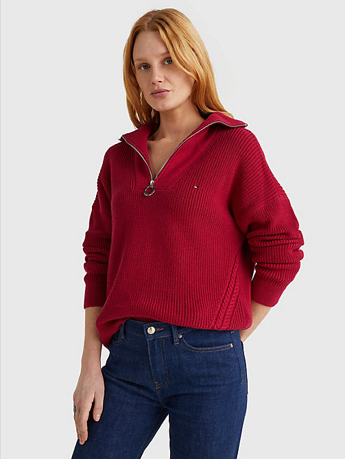red rib knit half-zip relaxed jumper for women tommy hilfiger