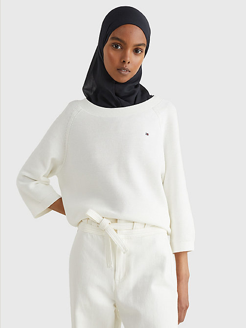white organic cotton boat neck relaxed jumper for women tommy hilfiger