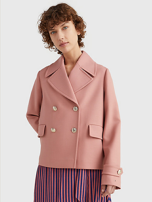 roze double-breasted jas van scheerwolmix voor dames - tommy hilfiger