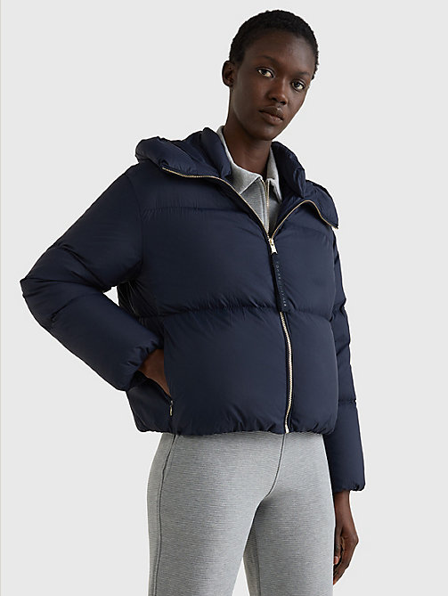 blue down-filled relaxed puffer jacket for women tommy hilfiger