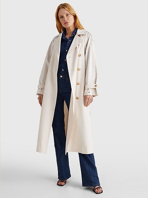 beige double-breasted relaxed fit trenchcoat voor women - tommy hilfiger