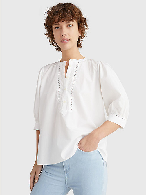 white relaxed fit henley blouse for women tommy hilfiger