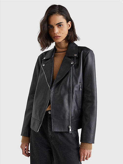 black leather zip-thru biker jacket for women tommy hilfiger