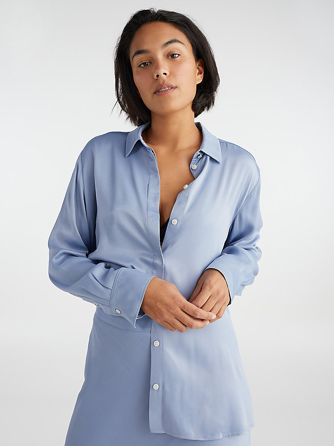 camicia exclusive relaxed fit in raso blu da donna tommy hilfiger