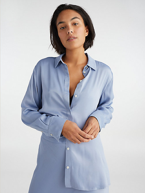 blue exclusive satin relaxed fit fleur blouse for women tommy hilfiger
