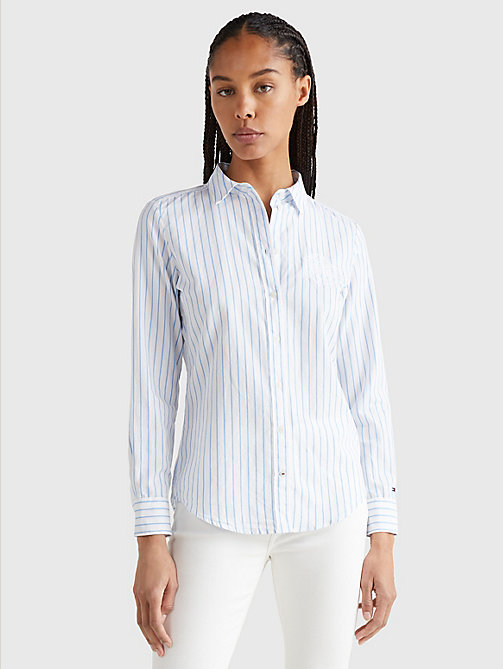 camisa de rayas con logo bordado azul de mujer tommy hilfiger