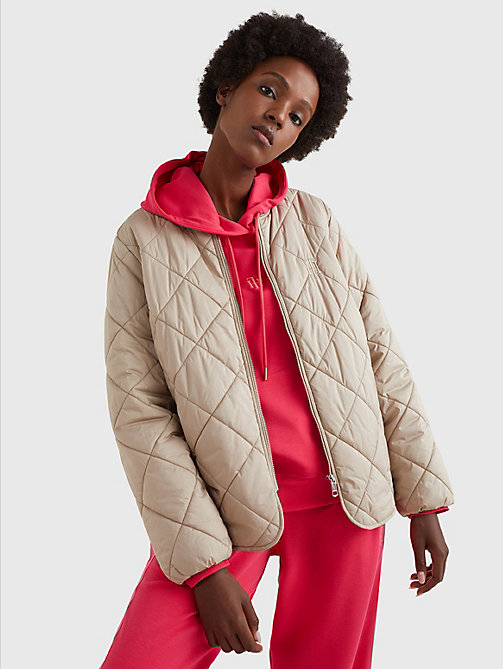 beige th protect quilted bomber jacket for women tommy hilfiger